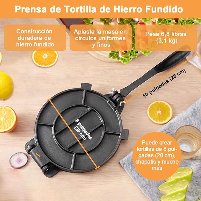 Prensa de Tortilla de Hierro Fundido Máquina para Tortillas y Quesadillas Antiadherente Resistente 19.5cm, Herramienta Prensa de Burrito Taco para Hacer Omelette Tacos Chapati Roti Pan en Cocina Hogar.