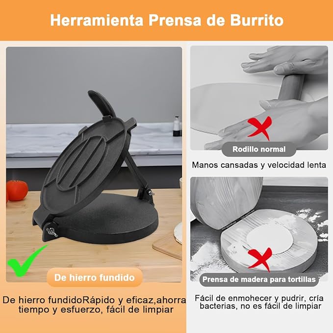 Prensa de Tortilla de Hierro Fundido Máquina para Tortillas y Quesadillas Antiadherente Resistente 19.5cm, Herramienta Prensa de Burrito Taco para Hacer Omelette Tacos Chapati Roti Pan en Cocina Hogar.