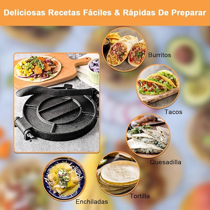 Prensa de Tortilla de Hierro Fundido Máquina para Tortillas y Quesadillas Antiadherente Resistente 19.5cm, Herramienta Prensa de Burrito Taco para Hacer Omelette Tacos Chapati Roti Pan en Cocina Hogar.