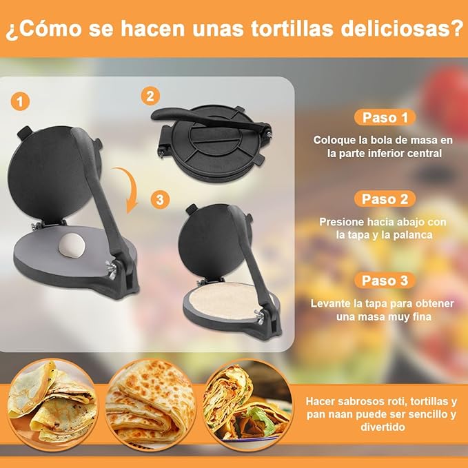 Prensa de Tortilla de Hierro Fundido Máquina para Tortillas y Quesadillas Antiadherente Resistente 19.5cm, Herramienta Prensa de Burrito Taco para Hacer Omelette Tacos Chapati Roti Pan en Cocina Hogar.