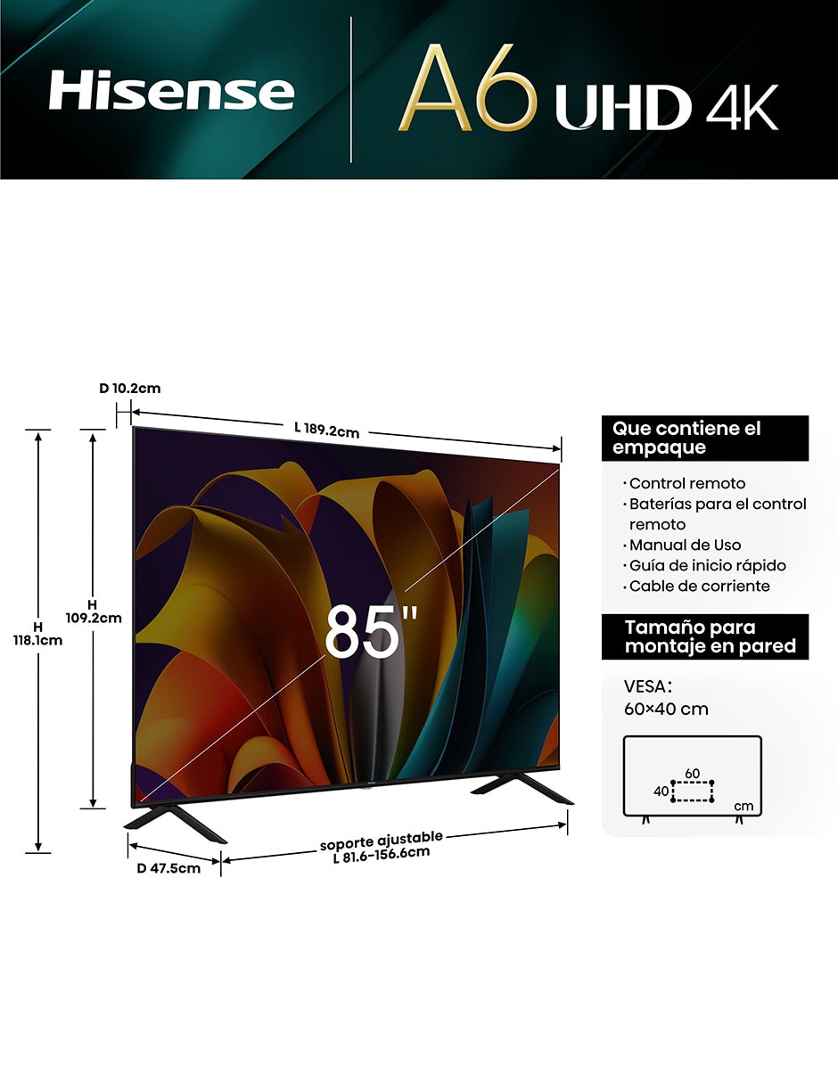 Pantalla Hisense LED de 85" 4K UHD 85A6N con Google TV.