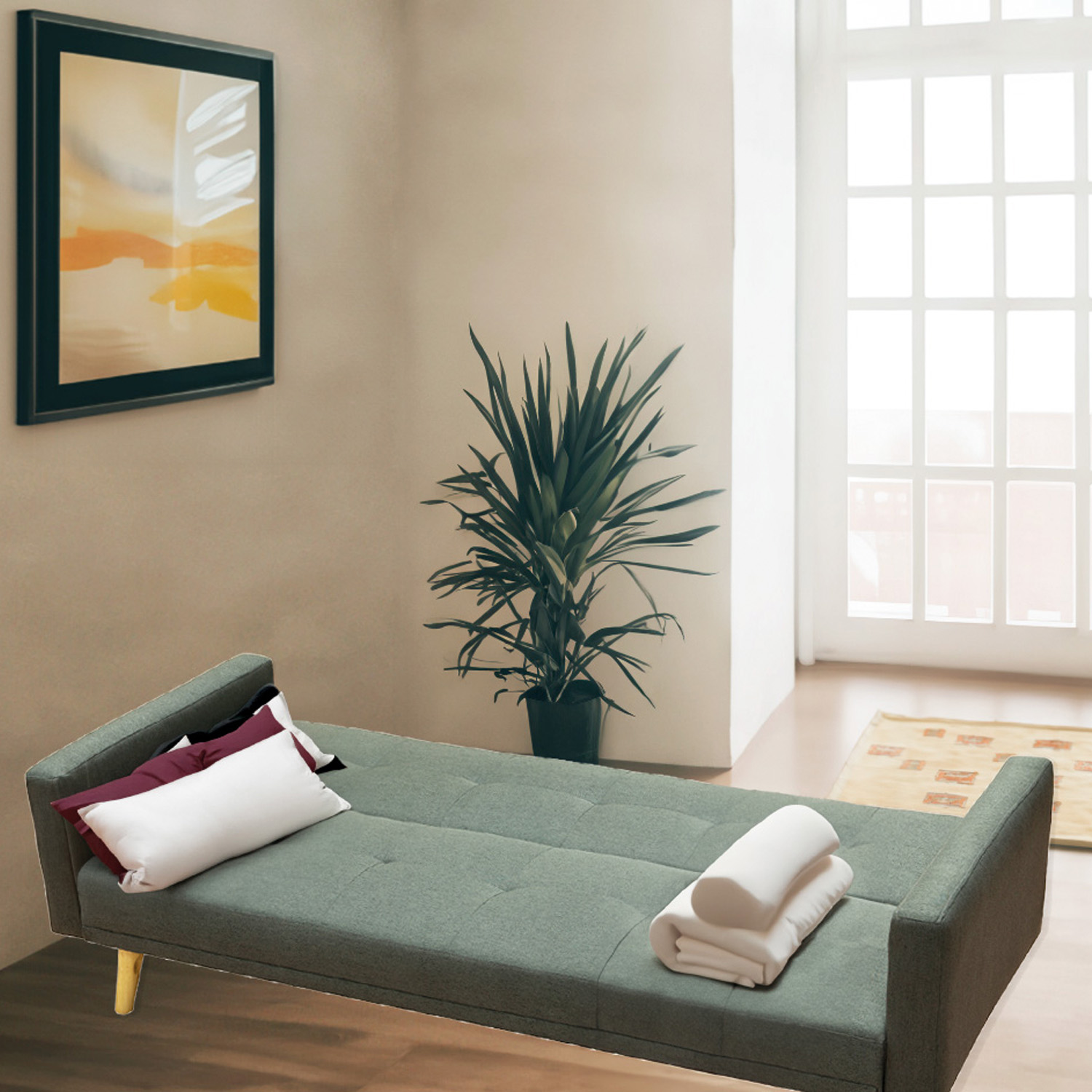 Ilios Innova | Sofá Cama Plegable Con Antebrazos | Resistente y Elegante Sillón Armable Convertible con Estructura de Madera Tapizado Lino