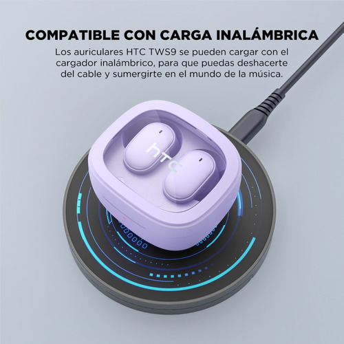 Audífonos gamer inalámbricos HTC True Wireless Earbuds 9+ BDA9 violeta con luz LED
