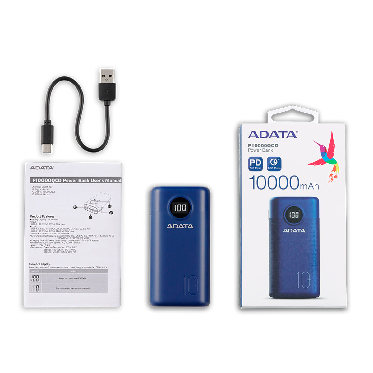 Batería Portátil Recargable ADATA Powerbank de 20,000 mAh (74Wh), Color Azul, Tecnologías de Carga Rápida Qualcomm QC 3.0 / USB PD 3.0.