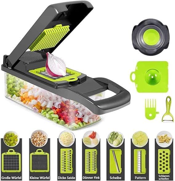 Picadora de Verduras,Picadora de Verduras Multifuncional,Cortador de Cebolla,Cortador de Dados,Cortador de Verduras con 6 Cuchillas de Acero Inoxidable,Cortador de Verduras Mandoline 16 en 1 (B).