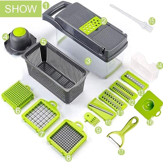 Picadora de Verduras,Picadora de Verduras Multifuncional,Cortador de Cebolla,Cortador de Dados,Cortador de Verduras con 6 Cuchillas de Acero Inoxidable,Cortador de Verduras Mandoline 16 en 1 (B).