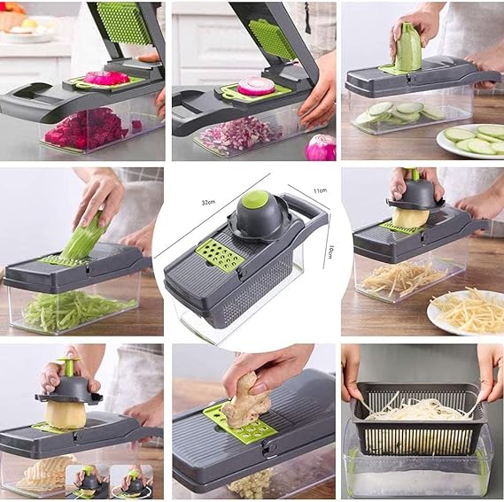 Picadora de Verduras,Picadora de Verduras Multifuncional,Cortador de Cebolla,Cortador de Dados,Cortador de Verduras con 6 Cuchillas de Acero Inoxidable,Cortador de Verduras Mandoline 16 en 1 (B).