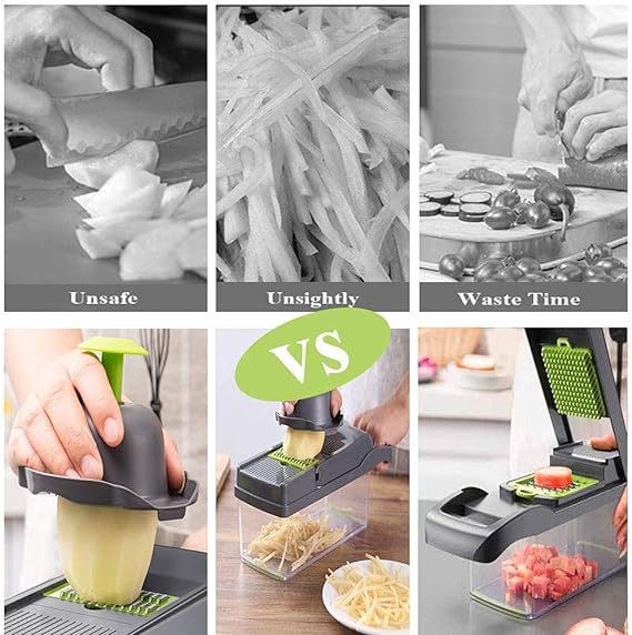 Picadora de Verduras,Picadora de Verduras Multifuncional,Cortador de Cebolla,Cortador de Dados,Cortador de Verduras con 6 Cuchillas de Acero Inoxidable,Cortador de Verduras Mandoline 16 en 1 (B).