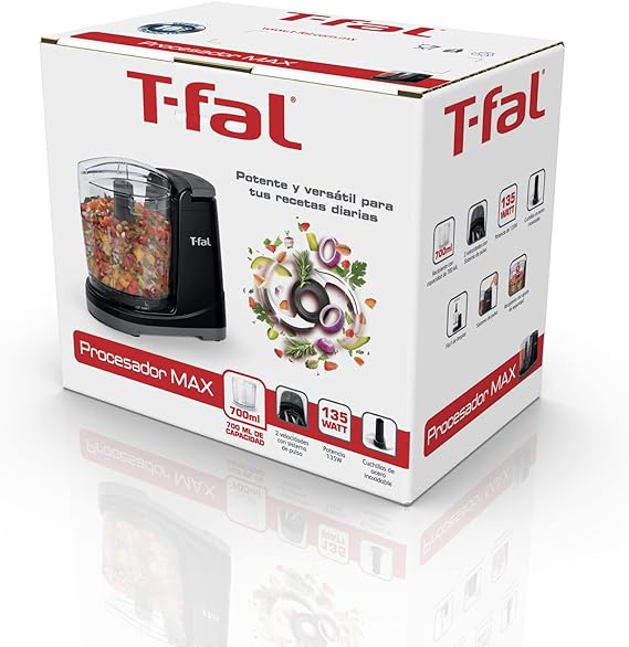 A T-fal Procesador de Alimentos Max Chopper cuenta con dos velocidades y capacidad de 700 ml. Potencia de 135 W para poder picar alimentos en segundos, potente y versátil, Desmontable, Negro, MF2528MX.