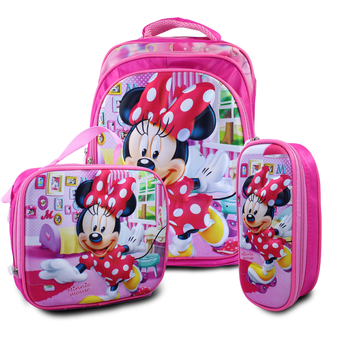 Kit Escolar Minnie Mochila Rosa Con Luces Led Lonchera Y Lapicera .