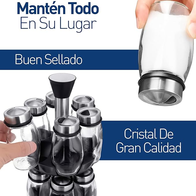 Bluelander Especiero Organizador de Cocina Giratorio 360º con Juego de 12 Frascos Especieros de Vidrio con Tapas de Acero Inoxidable, Máxima Durabilidad y Estabilidad.