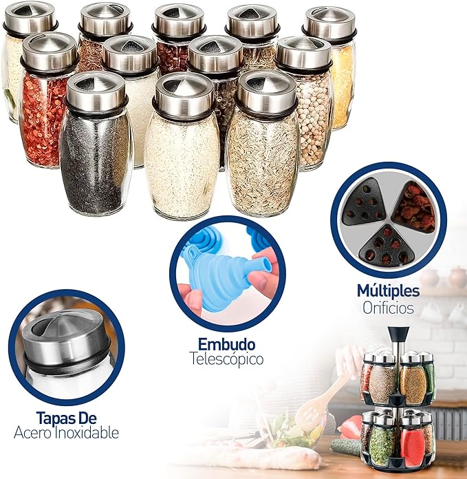 Bluelander Especiero Organizador de Cocina Giratorio 360º con Juego de 12 Frascos Especieros de Vidrio con Tapas de Acero Inoxidable, Máxima Durabilidad y Estabilidad.