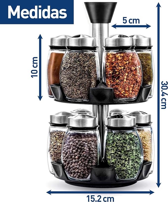 Bluelander Especiero Organizador de Cocina Giratorio 360º con Juego de 12 Frascos Especieros de Vidrio con Tapas de Acero Inoxidable, Máxima Durabilidad y Estabilidad.