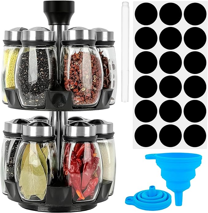Bluelander Especiero Organizador de Cocina Giratorio 360º con Juego de 12 Frascos Especieros de Vidrio con Tapas de Acero Inoxidable, Máxima Durabilidad y Estabilidad.