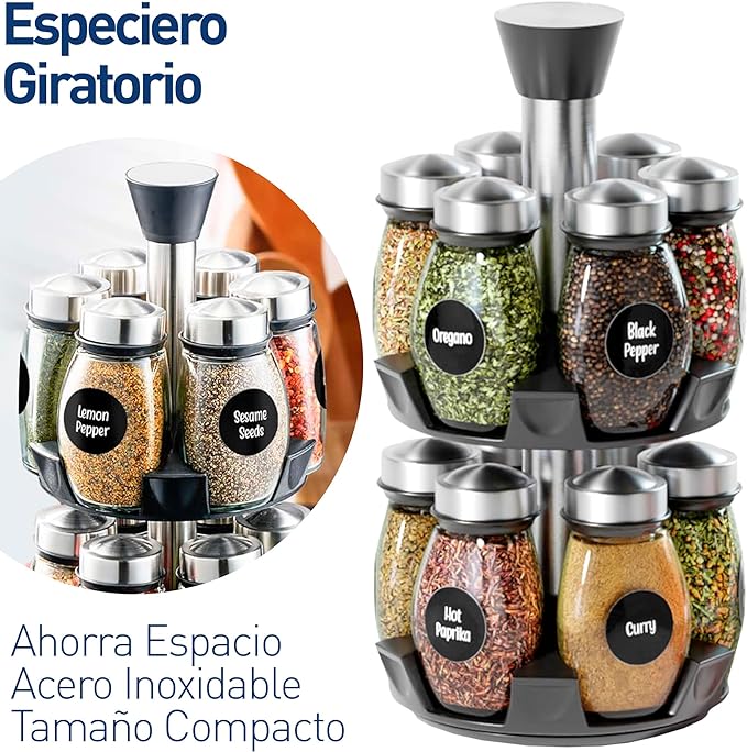 Bluelander Especiero Organizador de Cocina Giratorio 360º con Juego de 12 Frascos Especieros de Vidrio con Tapas de Acero Inoxidable, Máxima Durabilidad y Estabilidad.