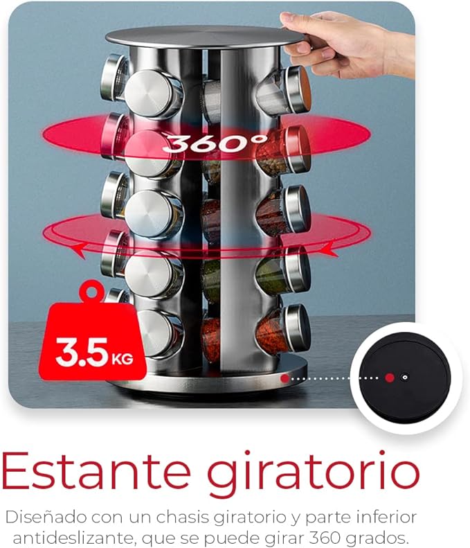 Raganet, Especiero Giratorio de Acero Inoxidable con 20 Frascos ...