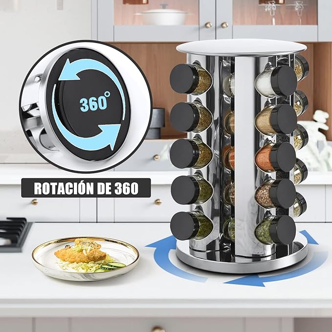 LSXD Especieros para Cocina Giratorio con 20 Frascos de Vidrio, Organizador de Especias de Acero Inoxidable con Marcador y 180 Etiquetas, Spice Rack para para Gabinete, Despensa y Encimera.