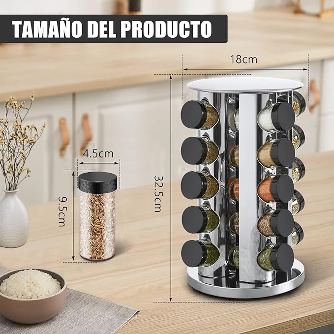 LSXD Especieros para Cocina Giratorio con 20 Frascos de Vidrio, Organizador de Especias de Acero Inoxidable con Marcador y 180 Etiquetas, Spice Rack para para Gabinete, Despensa y Encimera.