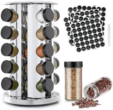 LSXD Especieros para Cocina Giratorio con 20 Frascos de Vidrio, Organizador de Especias de Acero Inoxidable con Marcador y 180 Etiquetas, Spice Rack para para Gabinete, Despensa y Encimera.