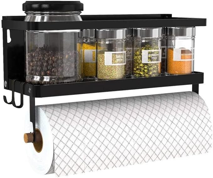 Organizador magnético para especias, estante magnético para especias con soporte para pañuelos y 2 ganchos extraíbles, se monta fácilmente en el lateral del refrigerador (pequeño, negro).