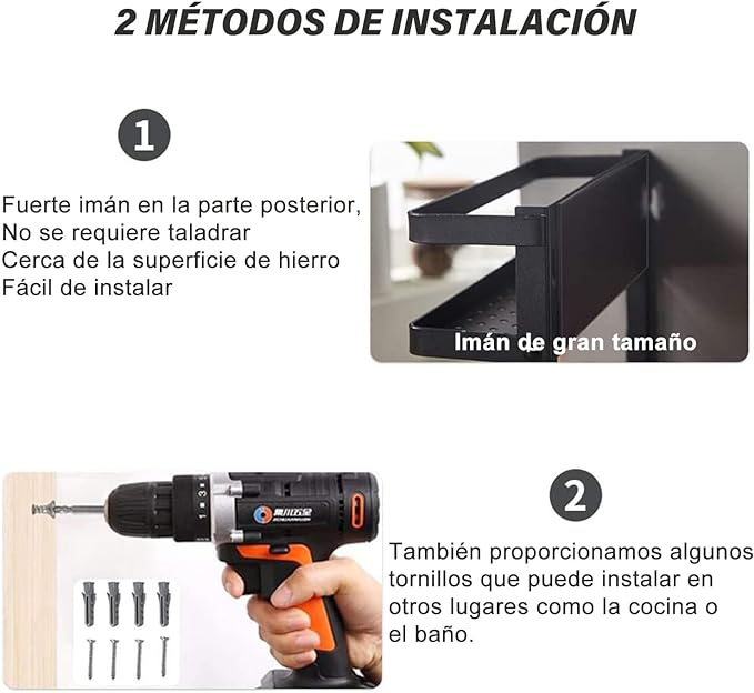 Organizador magnético para especias, estante magnético para especias con soporte para pañuelos y 2 ganchos extraíbles, se monta fácilmente en el lateral del refrigerador (pequeño, negro).