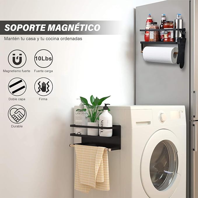 Organizador magnético para especias, estante magnético para especias con soporte para pañuelos y 2 ganchos extraíbles, se monta fácilmente en el lateral del refrigerador (pequeño, negro).