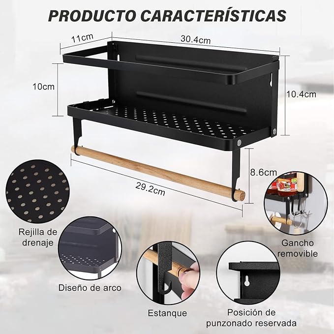 Organizador magnético para especias, estante magnético para especias con soporte para pañuelos y 2 ganchos extraíbles, se monta fácilmente en el lateral del refrigerador (pequeño, negro).