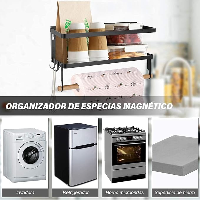 Organizador magnético para especias, estante magnético para especias con soporte para pañuelos y 2 ganchos extraíbles, se monta fácilmente en el lateral del refrigerador (pequeño, negro).