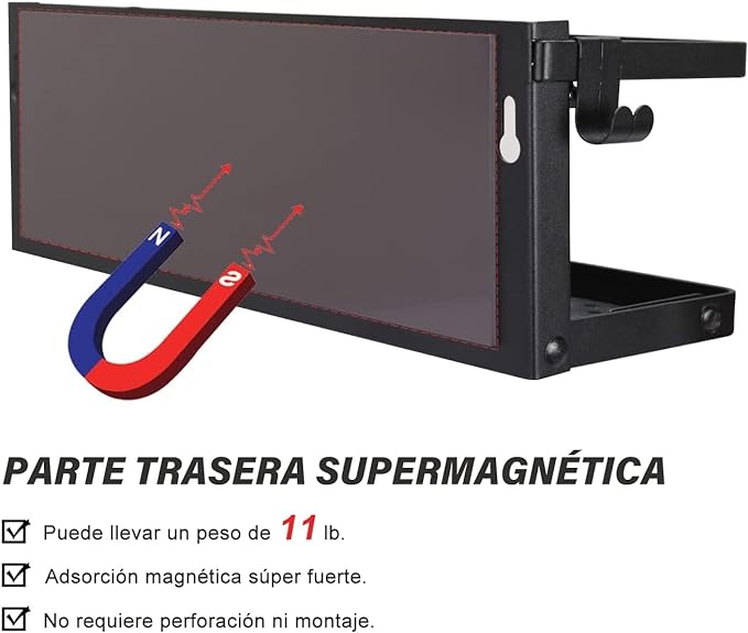Organizador magnético para especias, estante magnético para especias con soporte para pañuelos y 2 ganchos extraíbles, se monta fácilmente en el lateral del refrigerador (pequeño, negro).