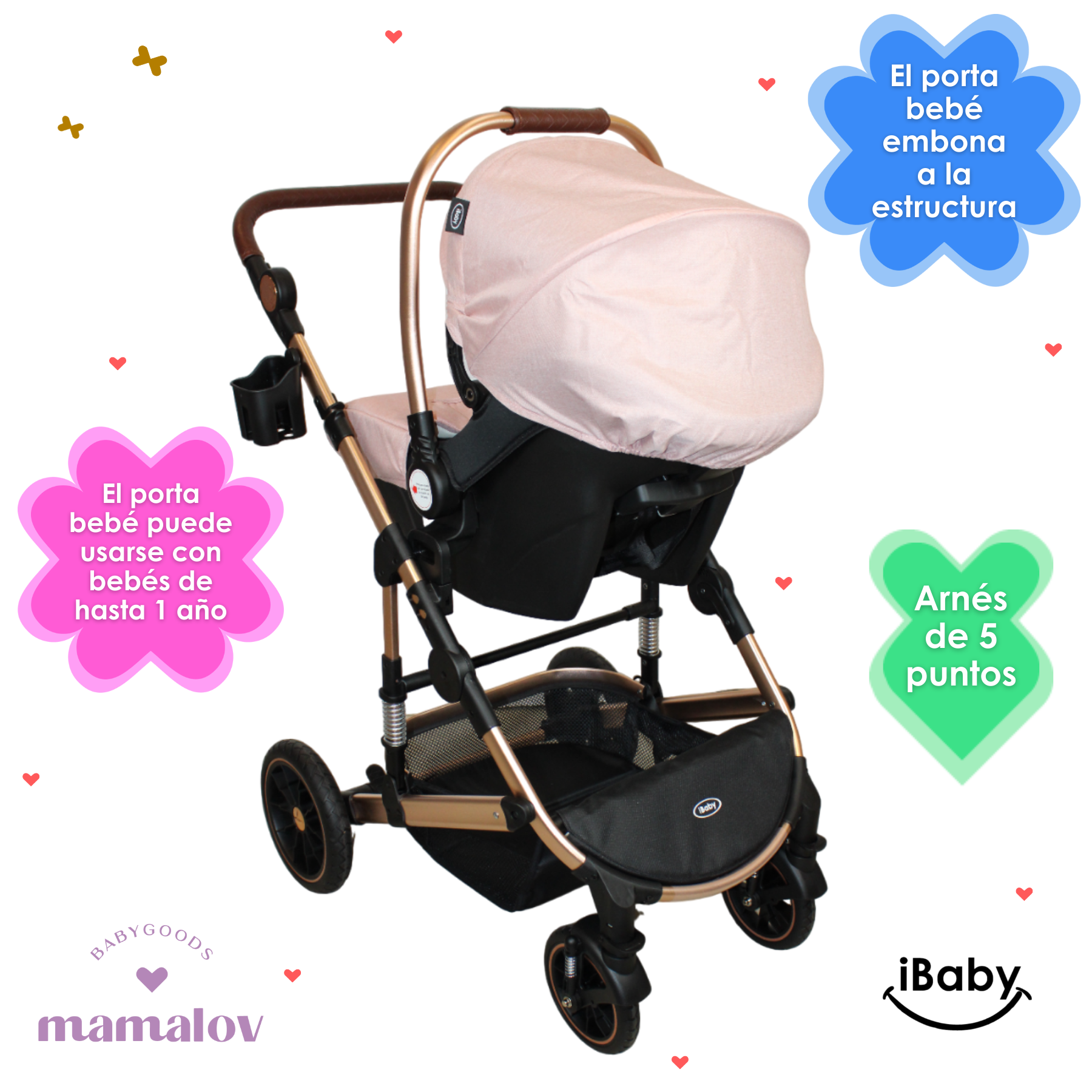 Carriola 4 En 1 Reversible Murano Portabebé - Rosa - Ibaby