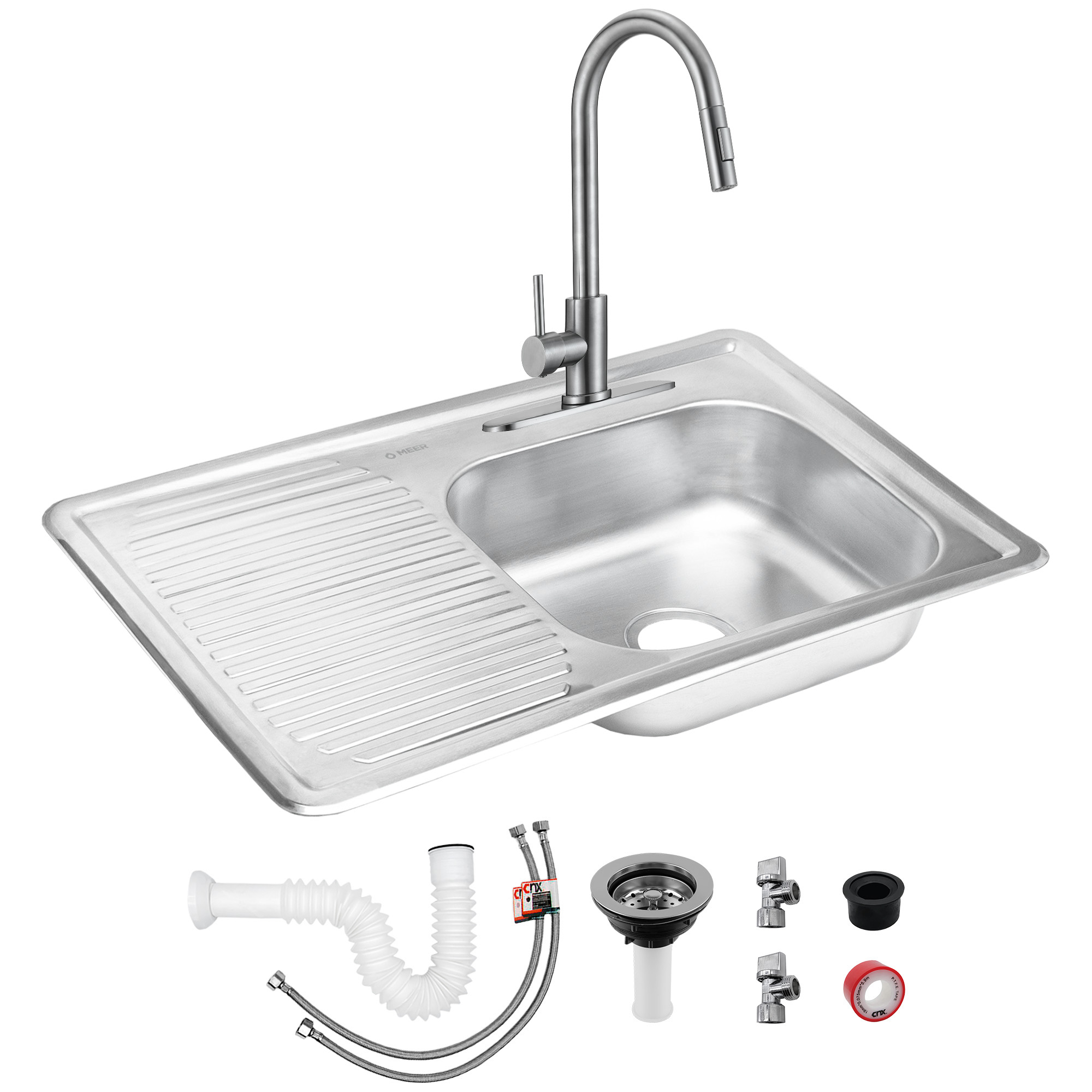 MEER Faucets by CNX | Fregadero para Cocina con Escurridero Izquierdo de Acero Inoxidable Satinado, Mezcladora Premium con Dos Tipos de Chorro y Cuello Extensible. Incluye Accesorios de Instalación