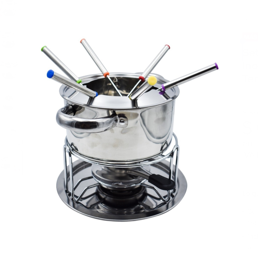 Set Fondue Premium Acero Inoxidable Calentador 6 Tenedores.