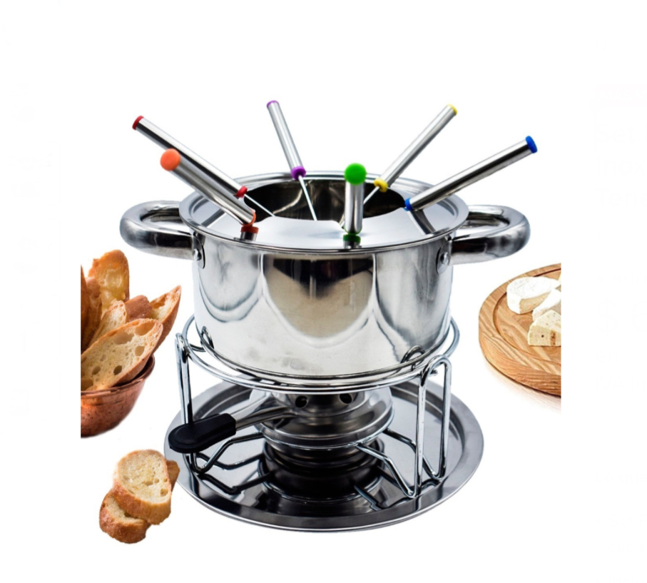 Set Fondue Premium Acero Inoxidable Calentador 6 Tenedores.