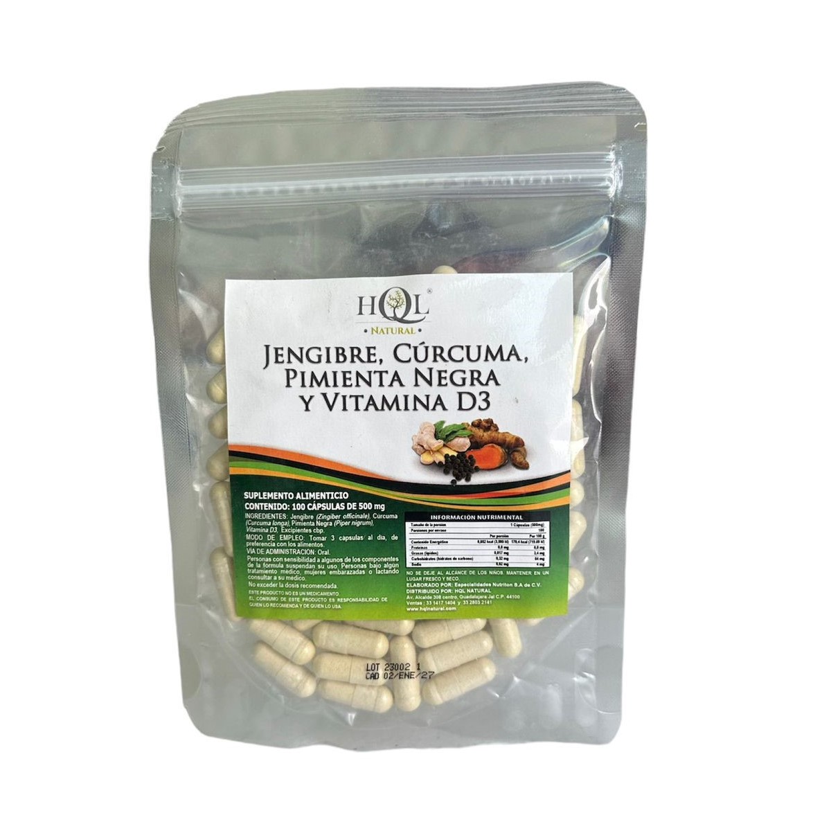 Jengibre, Cúrcuma, Pimienta negra y Vitamina D3 HQL  100 caps de 500mg.