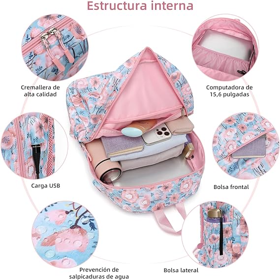 A DOXUNGOO mochila escolar para niñas con estuche para lápices 3pcs Niñas Mujeres Niños Bolsa de colegio Bolsa de ordenador portátil de 14 pulgadas (rosado).