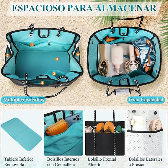 A NUBILY Bolsa de Playa Mujer 30L Bolsa Playa de Neopreno Impermeable Bolsas Tote de Playa Bolso de Hombro para Mujer.