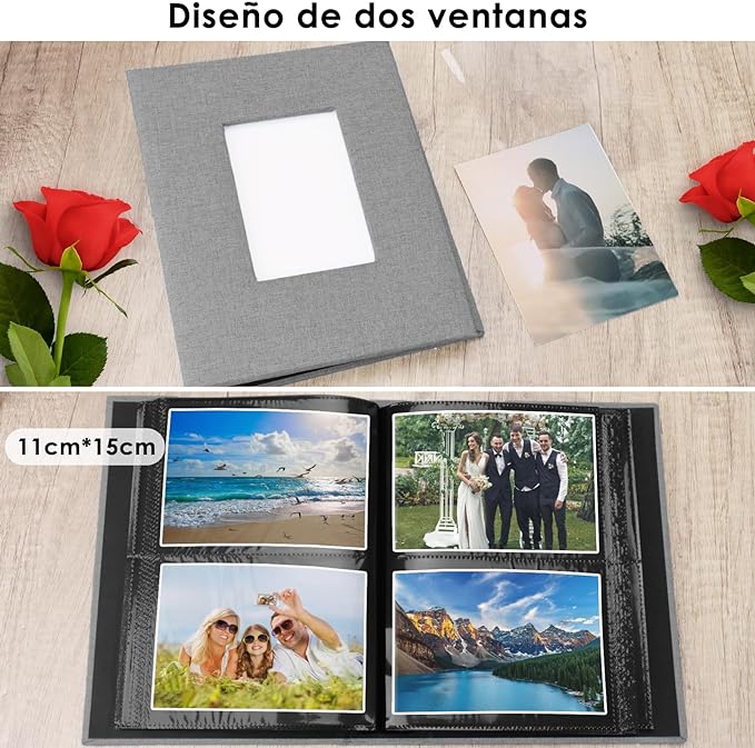 A Album de Fotos Creativo DIY, Álbum Grande con Cubierta de Lino, Álbum de 100 Páginas para Cumpleaños, Capacidad para 200 Fotos de 11x15 cm, Regalo de Aniversario para parejas, bodas, familia (Gris).