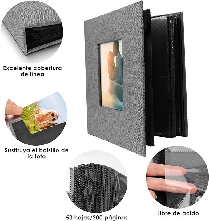A Album de Fotos Creativo DIY, Álbum Grande con Cubierta de Lino, Álbum de 100 Páginas para Cumpleaños, Capacidad para 200 Fotos de 11x15 cm, Regalo de Aniversario para parejas, bodas, familia (Gris).