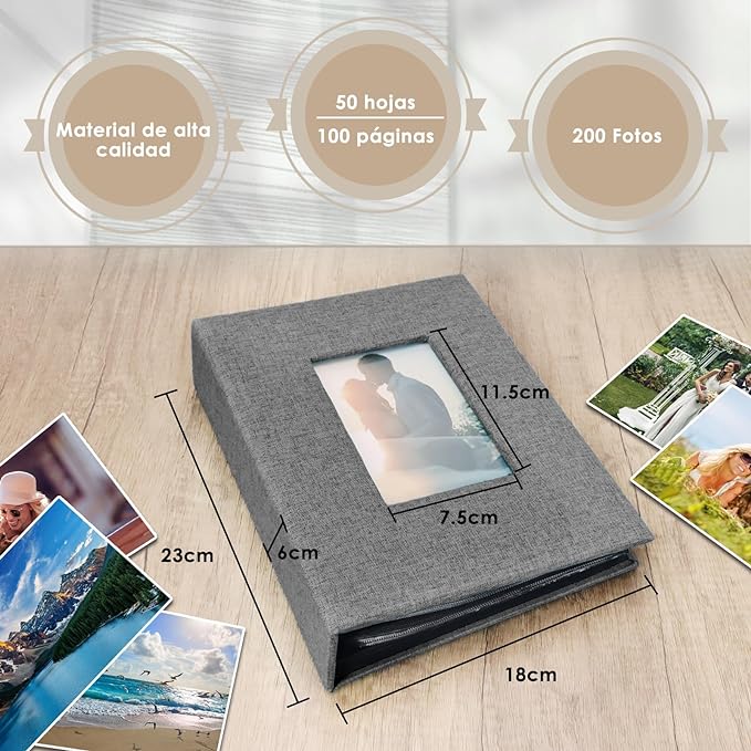 A Album de Fotos Creativo DIY, Álbum Grande con Cubierta de Lino, Álbum de 100 Páginas para Cumpleaños, Capacidad para 200 Fotos de 11x15 cm, Regalo de Aniversario para parejas, bodas, familia (Gris).