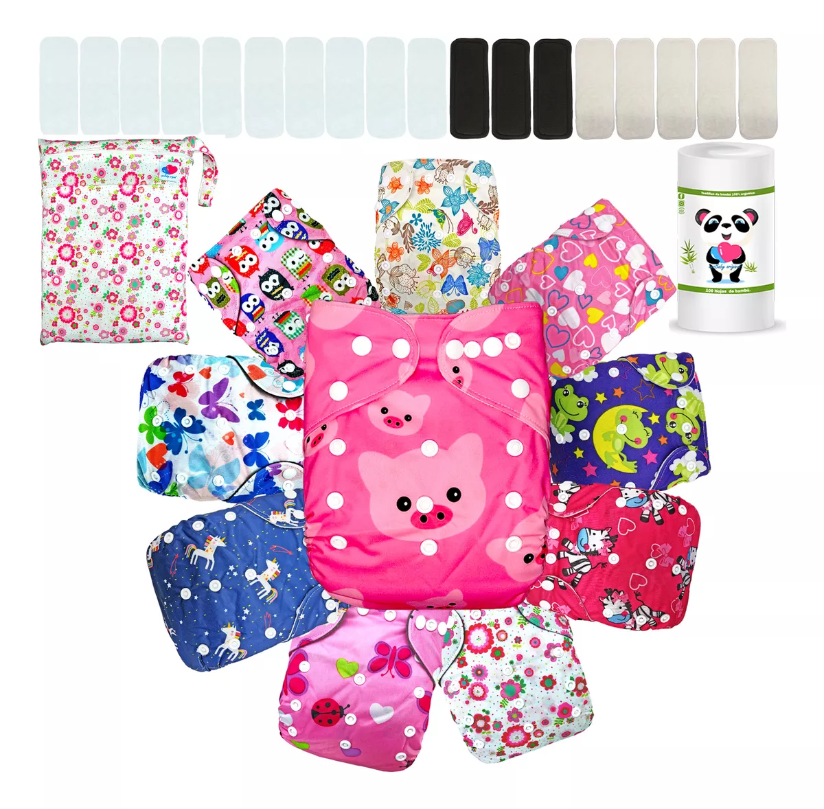 Pañales de tela para bebés con insertos noctunos y  rollo mas wetbag ecobaby original.