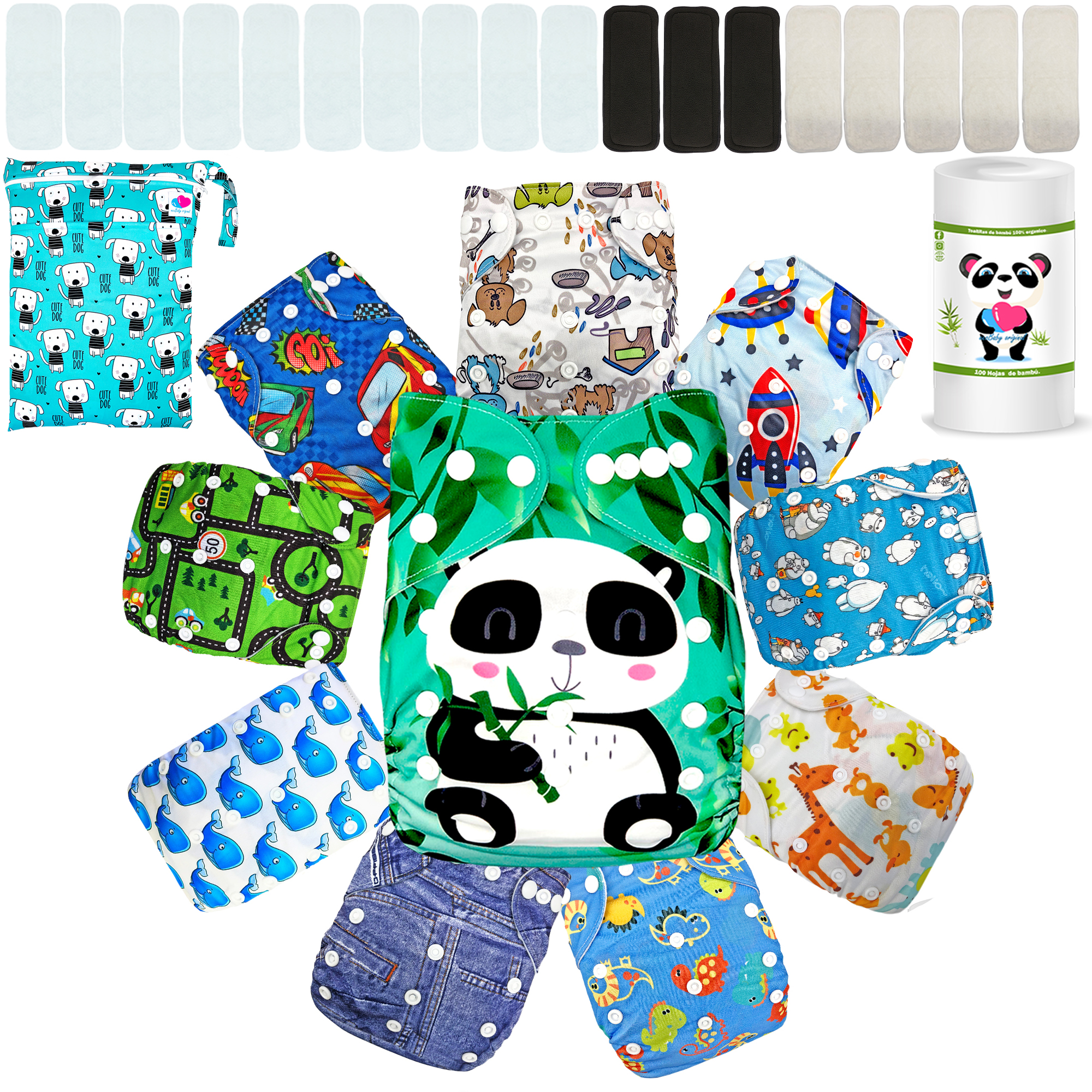 Pañales de tela para bebés con insertos noctunos y  rollo mas wetbag ecobaby original.