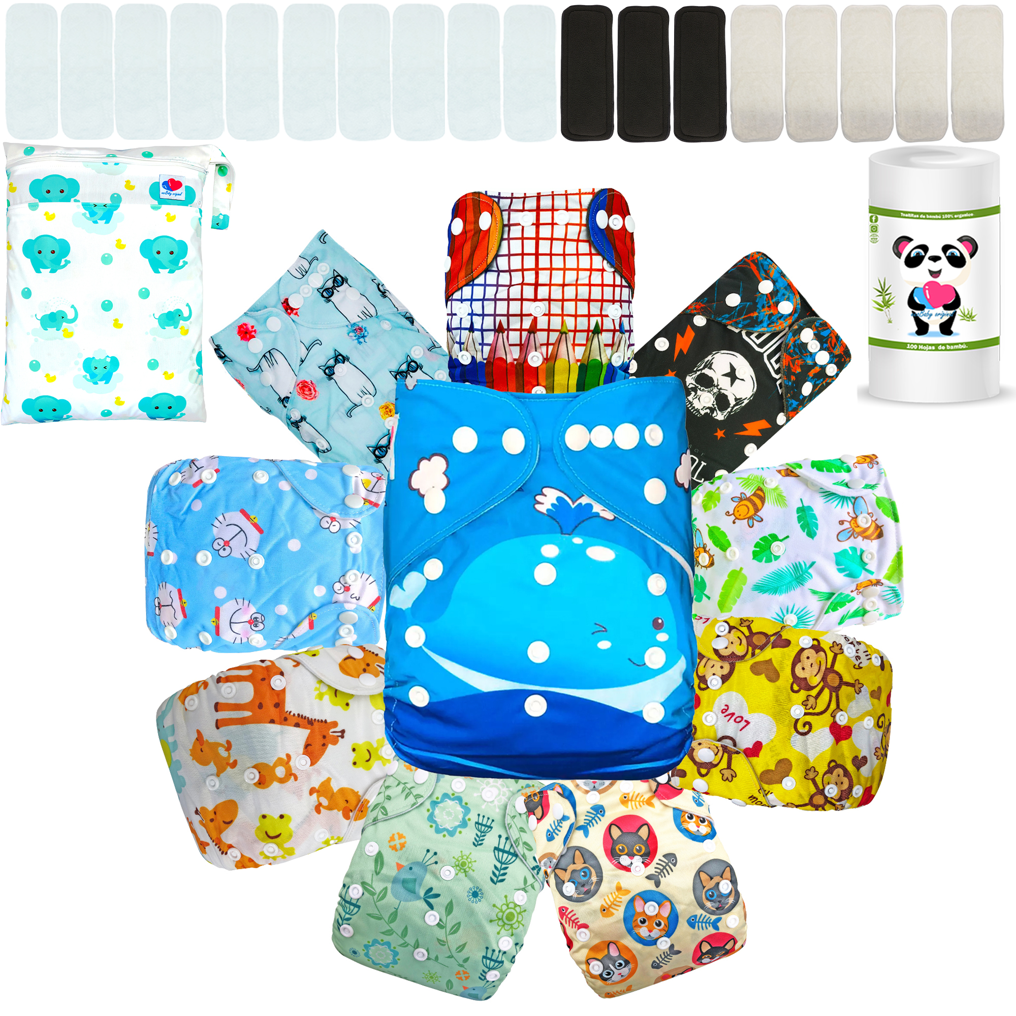 Pañales de tela para bebés con insertos noctunos y  rollo mas wetbag ecobaby original.