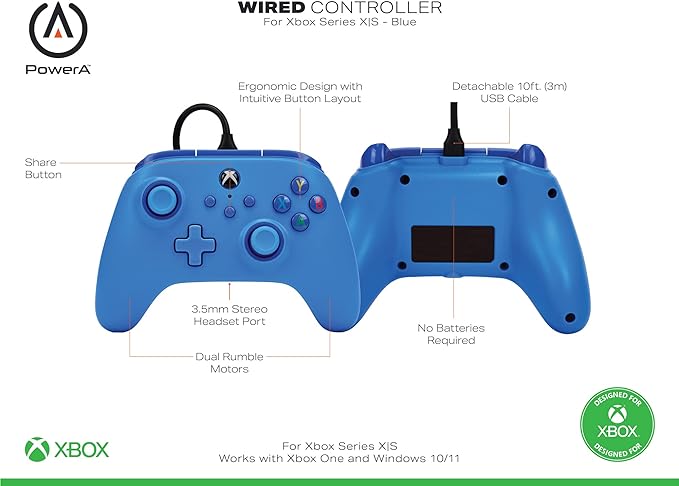 Mando con cable PowerA para Xbox - Azul, gamepad, controlador para videojuegos cableado, controlador para juegos