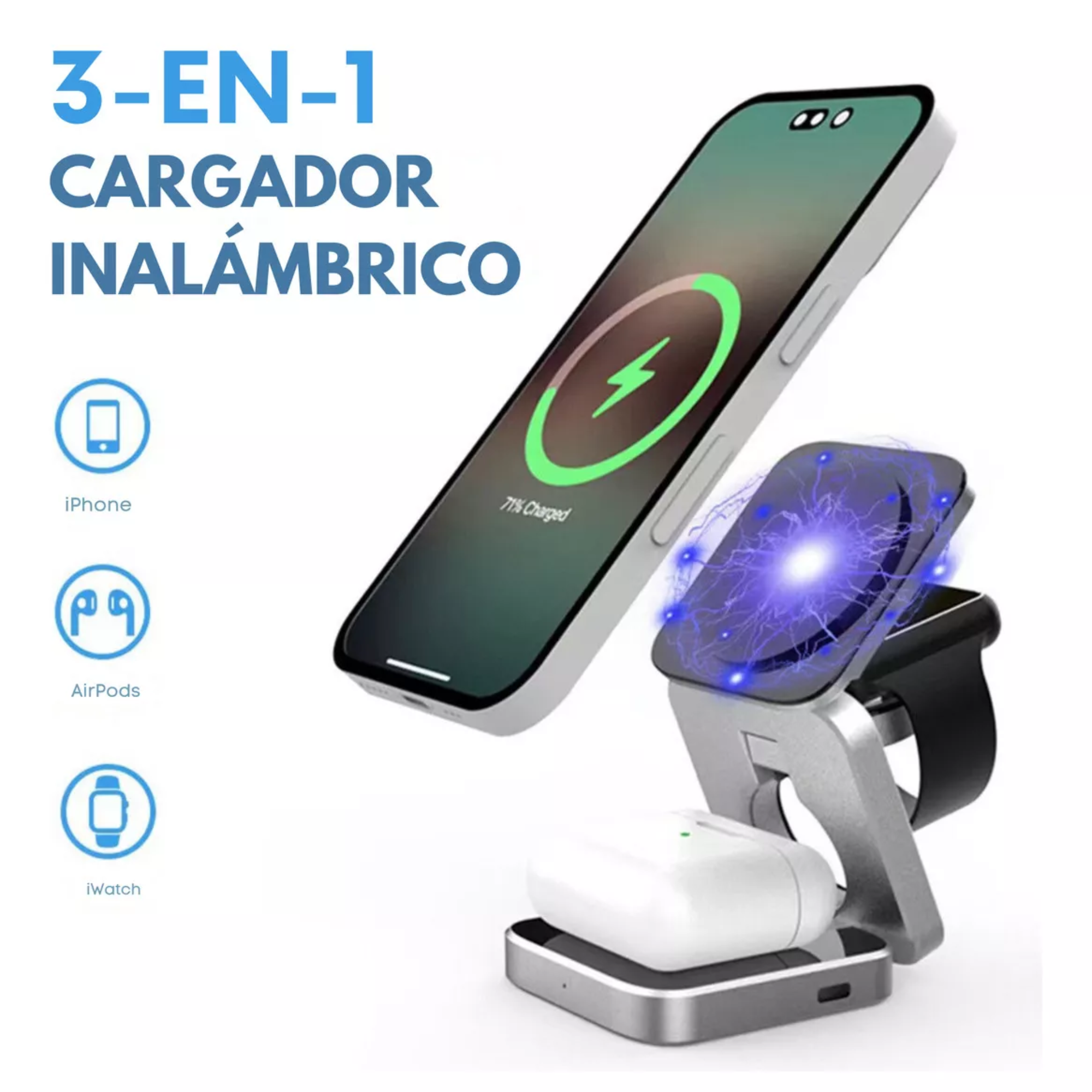 Cargador Inalámbrico 3 En 1 Plegable Magnético Soporte Estacion De Carga Rapida 15w Qi Para iPhone, AirPods, Apple Watch