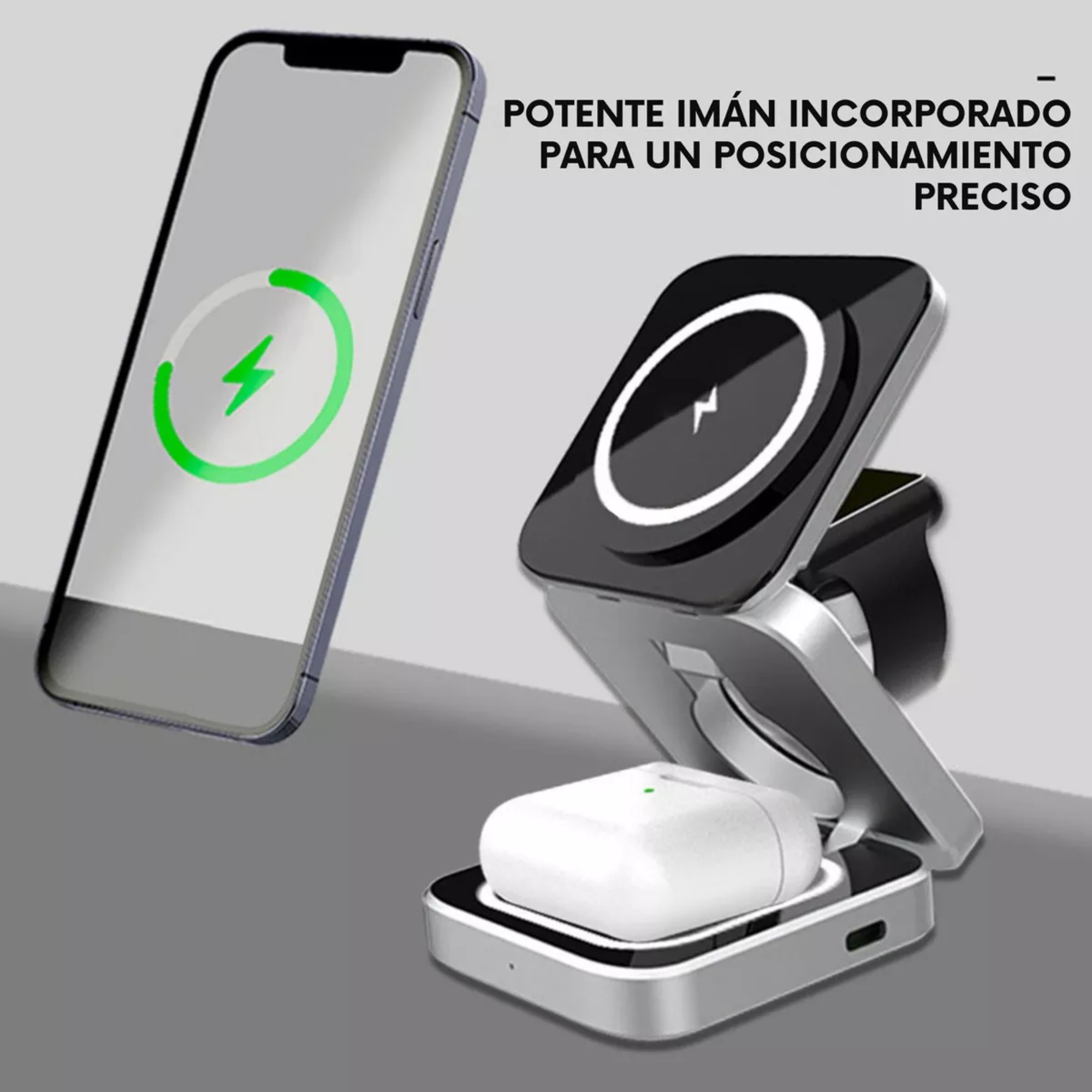 Cargador Inalámbrico 3 En 1 Plegable Magnético Soporte Estacion De Carga Rapida 15w Qi Para iPhone, AirPods, Apple Watch