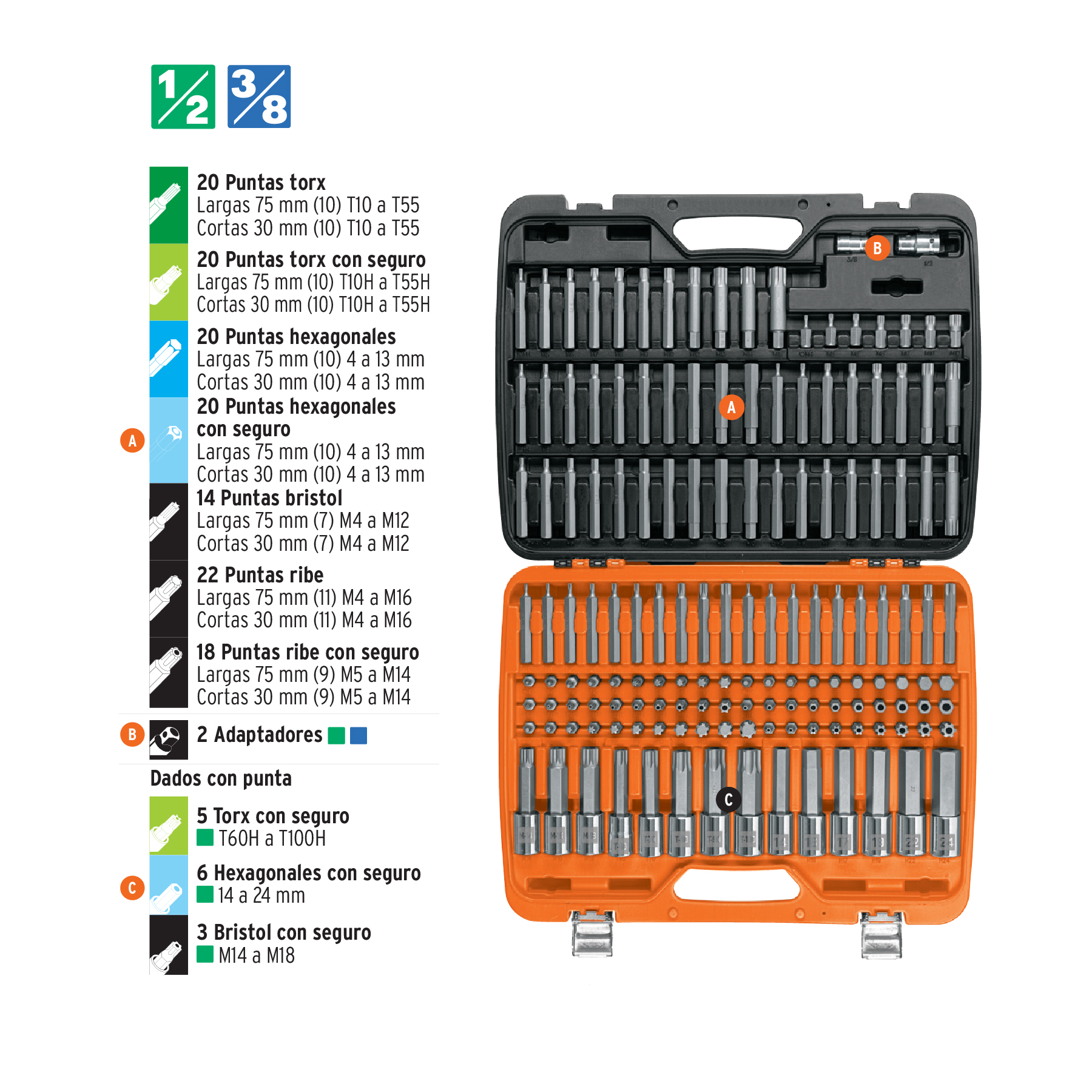 Juego de puntas y dados Truper con punta 150 pz PUN150 naranja
