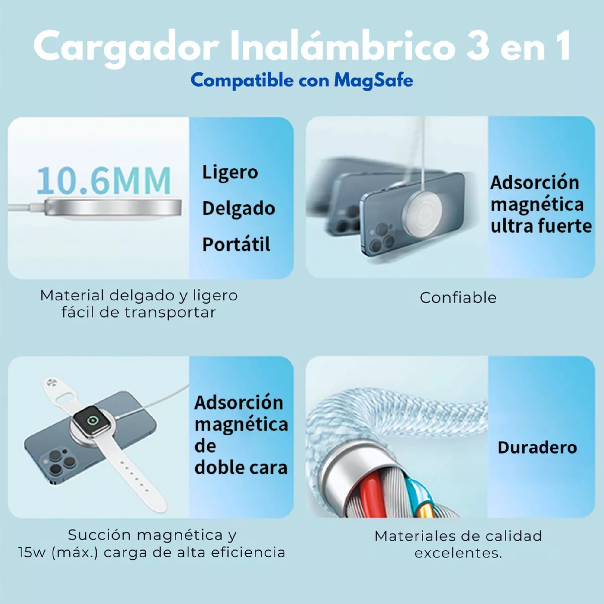 Cargador Inalámbrico 3 En 1 Para iPhone Magsafe Compatible Con Apple Watch Carga Simultanea: iPhone, Apple Watch