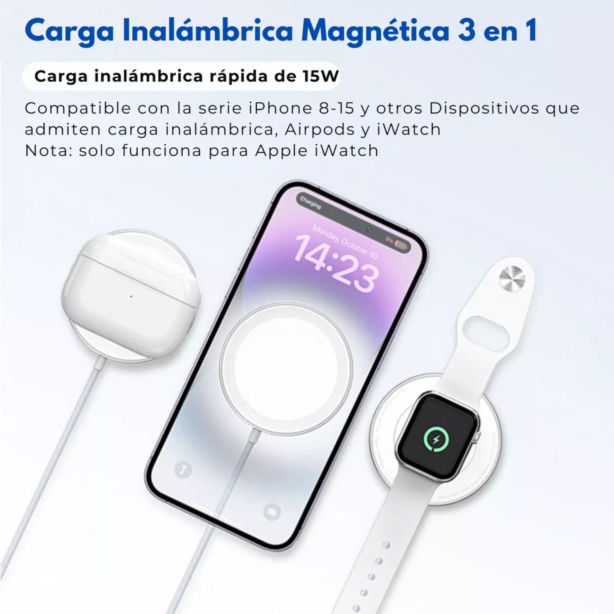 Cargador Inalámbrico 3 En 1 Para iPhone Magsafe Compatible Con Apple Watch Carga Simultanea: iPhone, Apple Watch