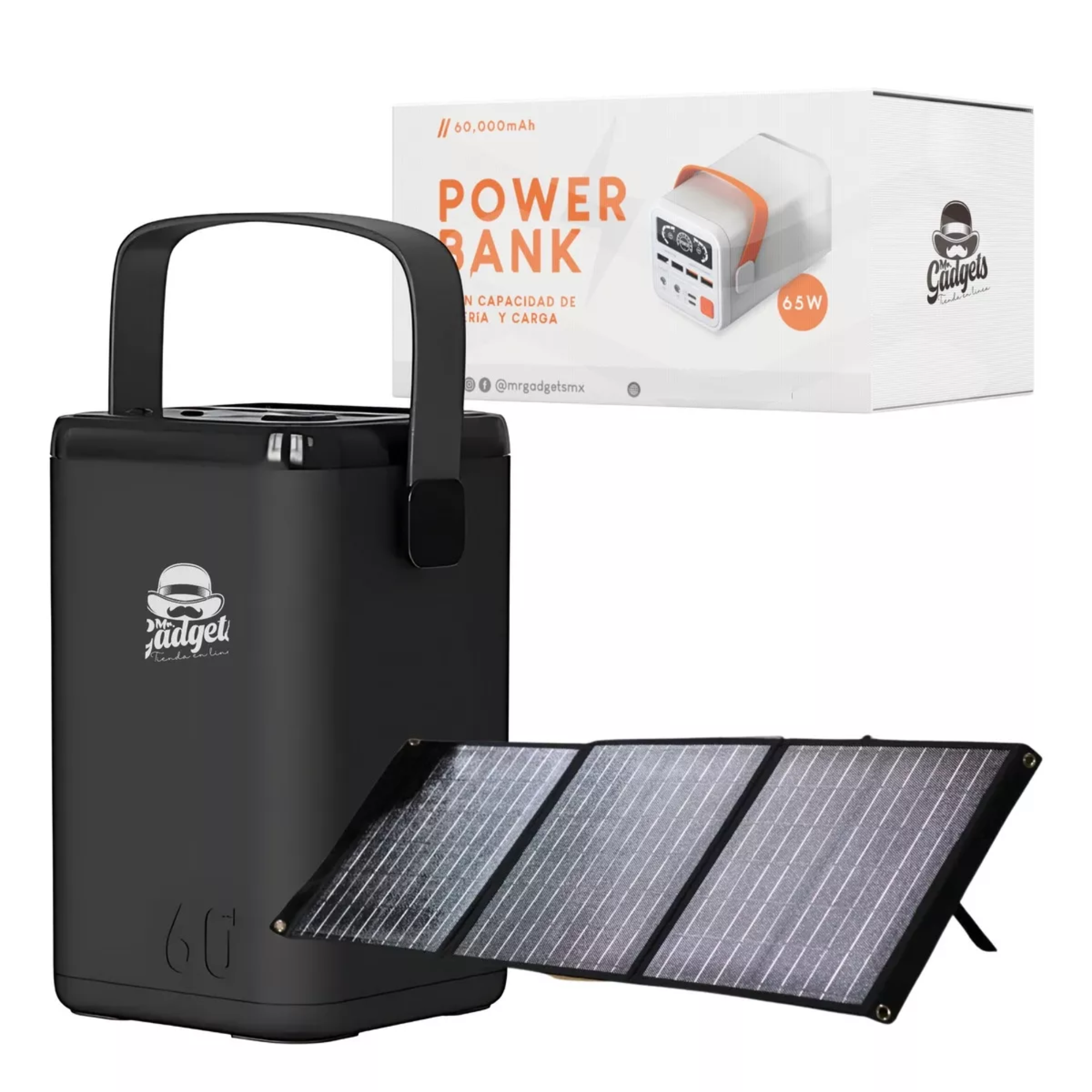 Set Power Bank 60,000 Mah Bateria Portatil + Panel Solar 60w Carga Sostenible, Panel de Luz Solar, Cargador Externo Color Negro