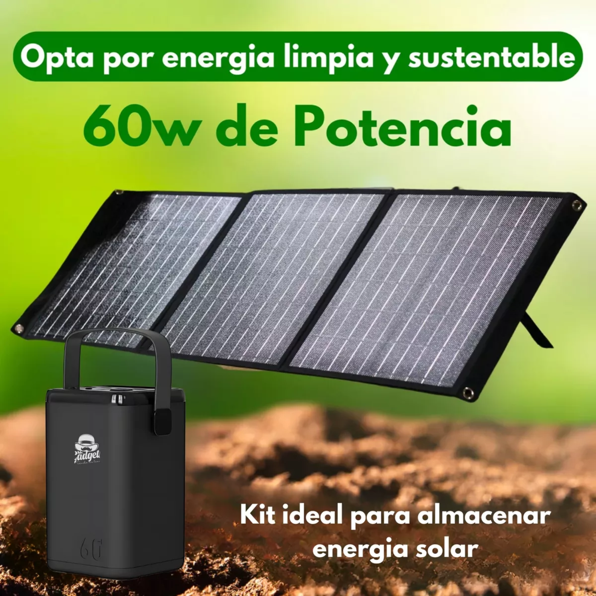 Set Power Bank 60,000 Mah Bateria Portatil + Panel Solar 60w Carga Sostenible, Panel de Luz Solar, Cargador Externo Color Negro